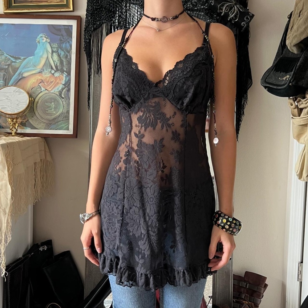 Victoria Secret Vintage 2000s Black Lace Lingerie Slip Dress Y2K Mini Medium